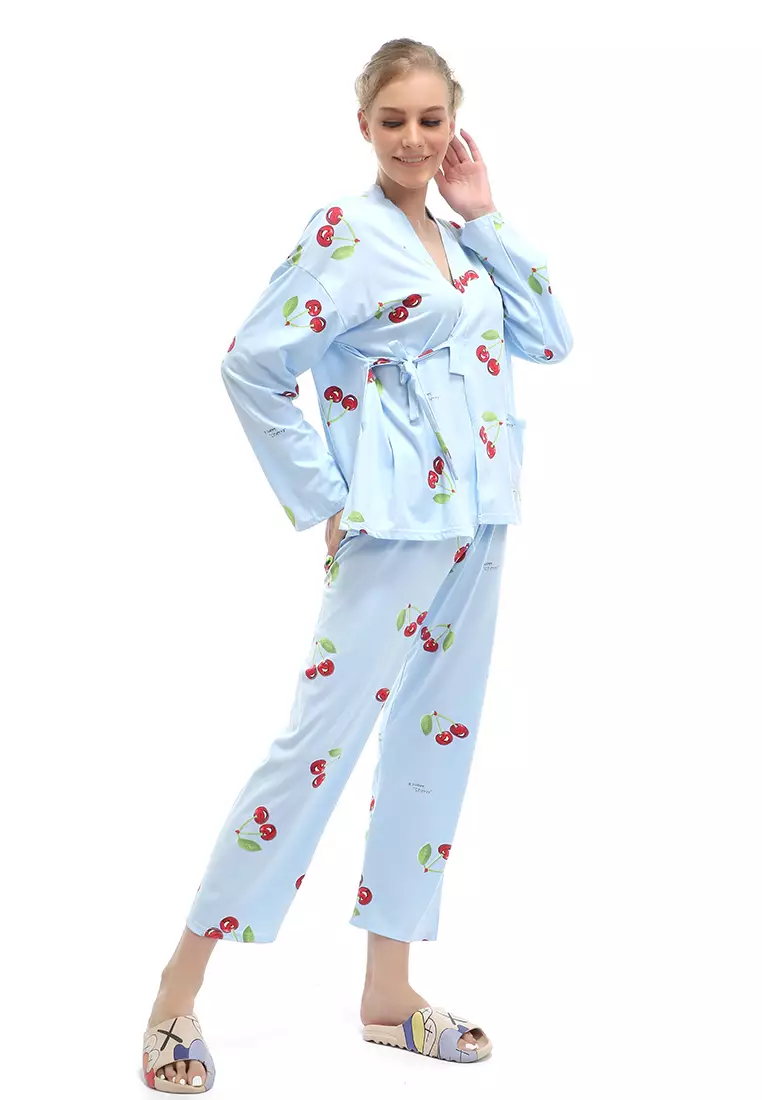 Vance Setelan Piyama Kimono Baju Tidur Wanita Lengan Panjang Motif Cherry Material Cotton ORIGINAL - Blue