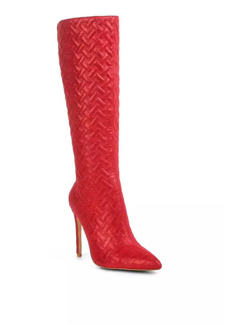 Red tinkles quilted high heeled calf boots