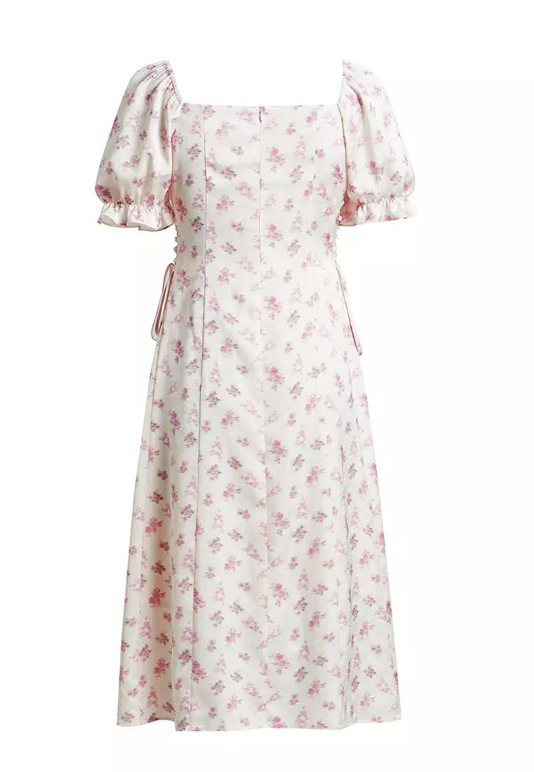 Puff Ruffled Sleeve Floral Midi Dress with Waist Tie