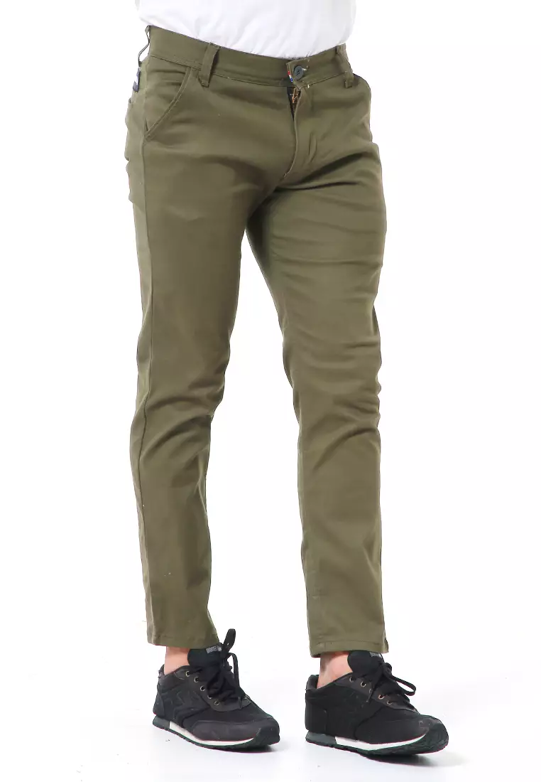 Nemanja Celana Chino Panjang Pria Slim Fit Long Pants Plain Motive Material Cotton ORIGINAL - Army Green