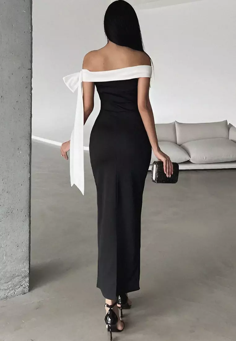 Black-White Body-Styling Shoulder Bow Detail Knitted Elegant Evening Night Graduation Dress TPRSS25EL00293