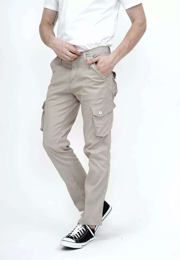 Celana Panjang kargo Pria Slim Fit Cargo pants kantong stretch melar Krim