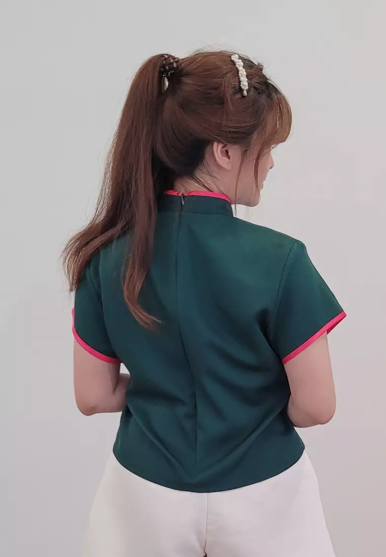 Ivory Cheongsam Top in Emerald Green