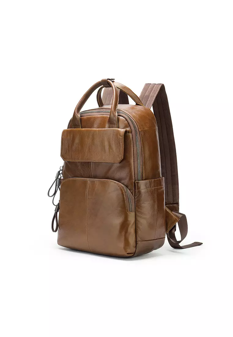 Men's Retro Plain Cow Leather Business Backpack