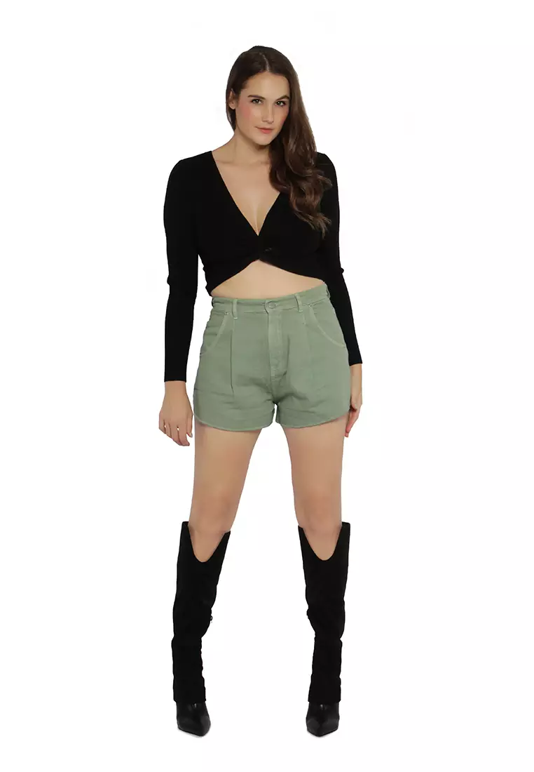 Green Mid Rise Denim Shorts