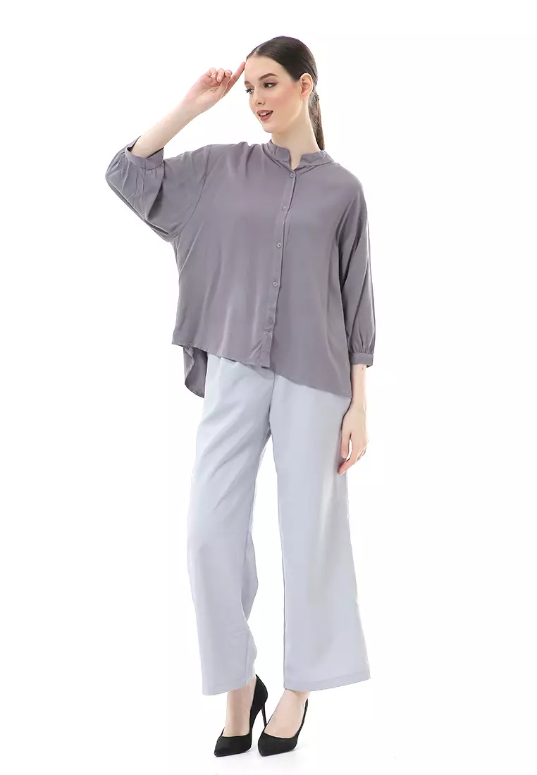 Ghita Kemeja Atasan Wanita Motif Polos Long Sleeve High Quality - Abu Tua