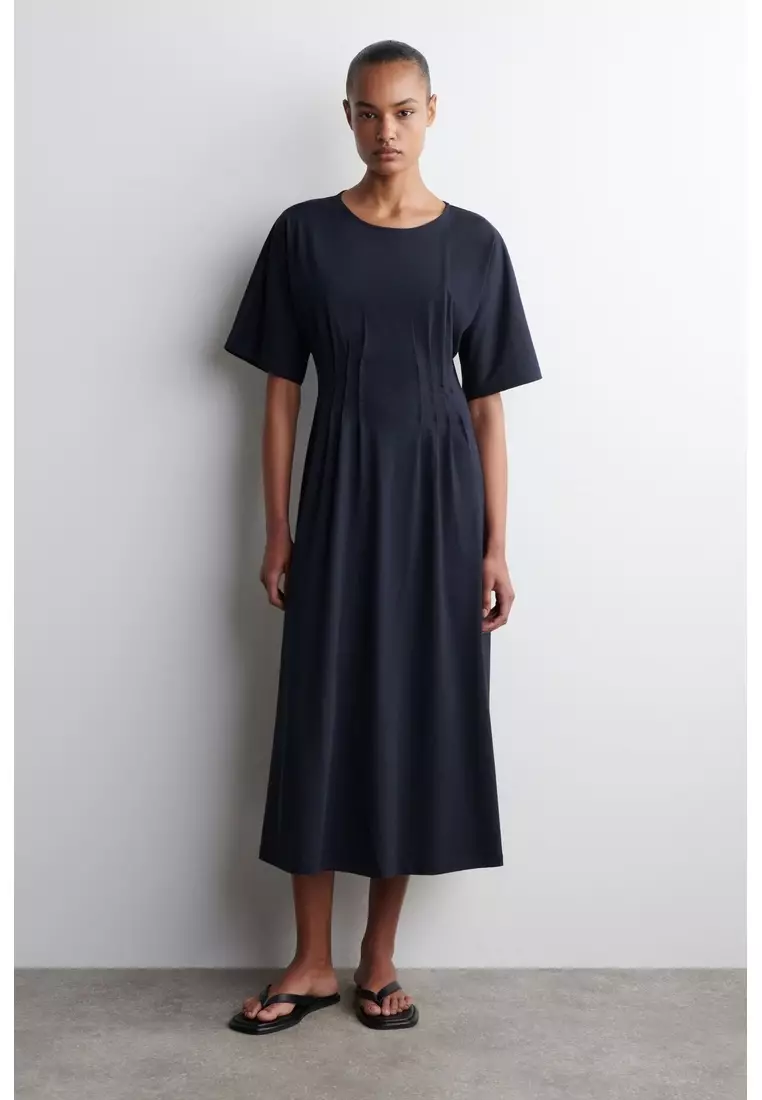 PINTUCKED COTTON MIDI DRESS