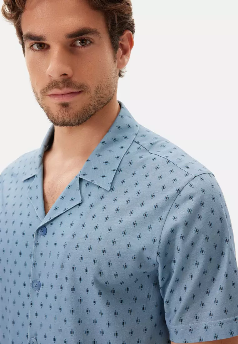 Blue Shirt & Shorts Knitwear Set, Micro Print, Shirt Collar, Regular, Short Leg, Short Sleeve Sleepwear for Men