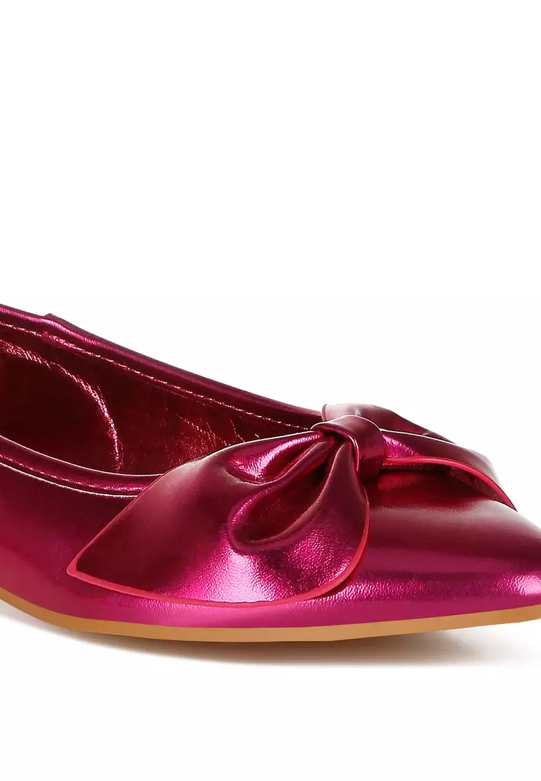 Metallic Pleather Bow Ballerinas in Fuchsia