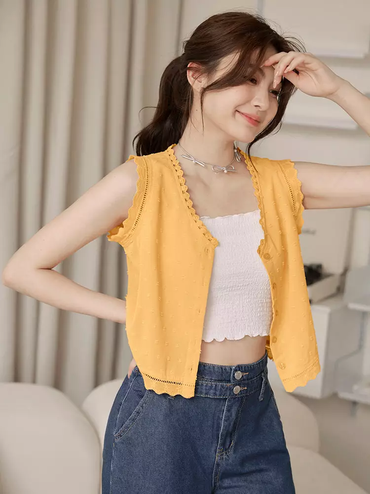 Buy OBSTYLE Lace Textured Open-Front Cropped Vest [AB18778] 2026