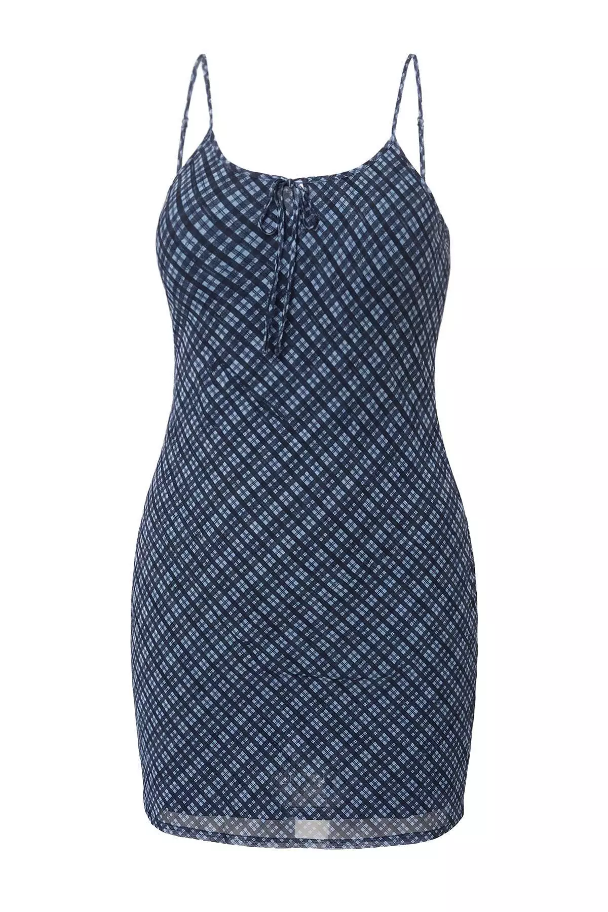 Teen Blue Lacing Detailed Plaid Pack Tulle Maxi Stretchy Knitted Plus Size Dress