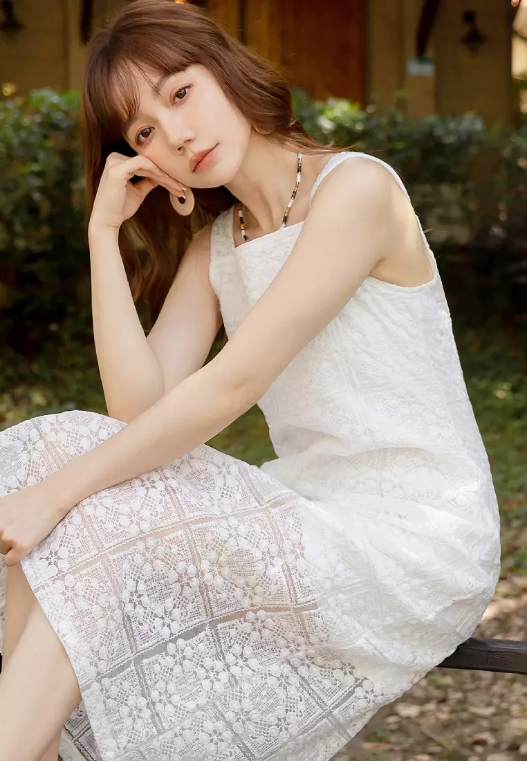 Delicate Square Lace Square Neck Dress with Back Slit [DA10459]