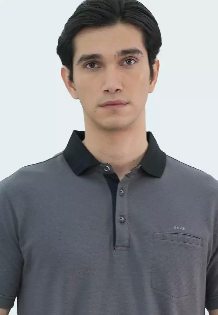 LGS - Kaos Polo Casual Pria - Katun Premium - Shirt Lengan Pendek - Motif Polos Basic - Bertekstur Popcorn - Abu Muda - CWS.225.U3398.02.C
