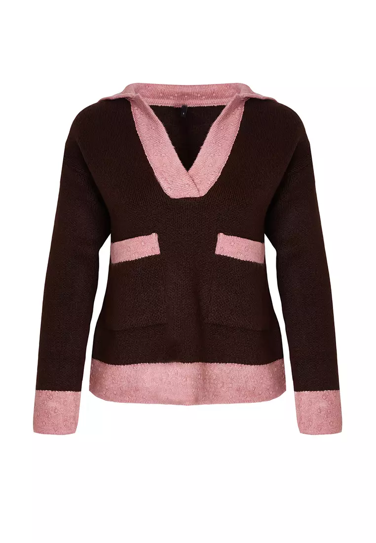 Color Blocked Soft Knitwear Sweater Brown