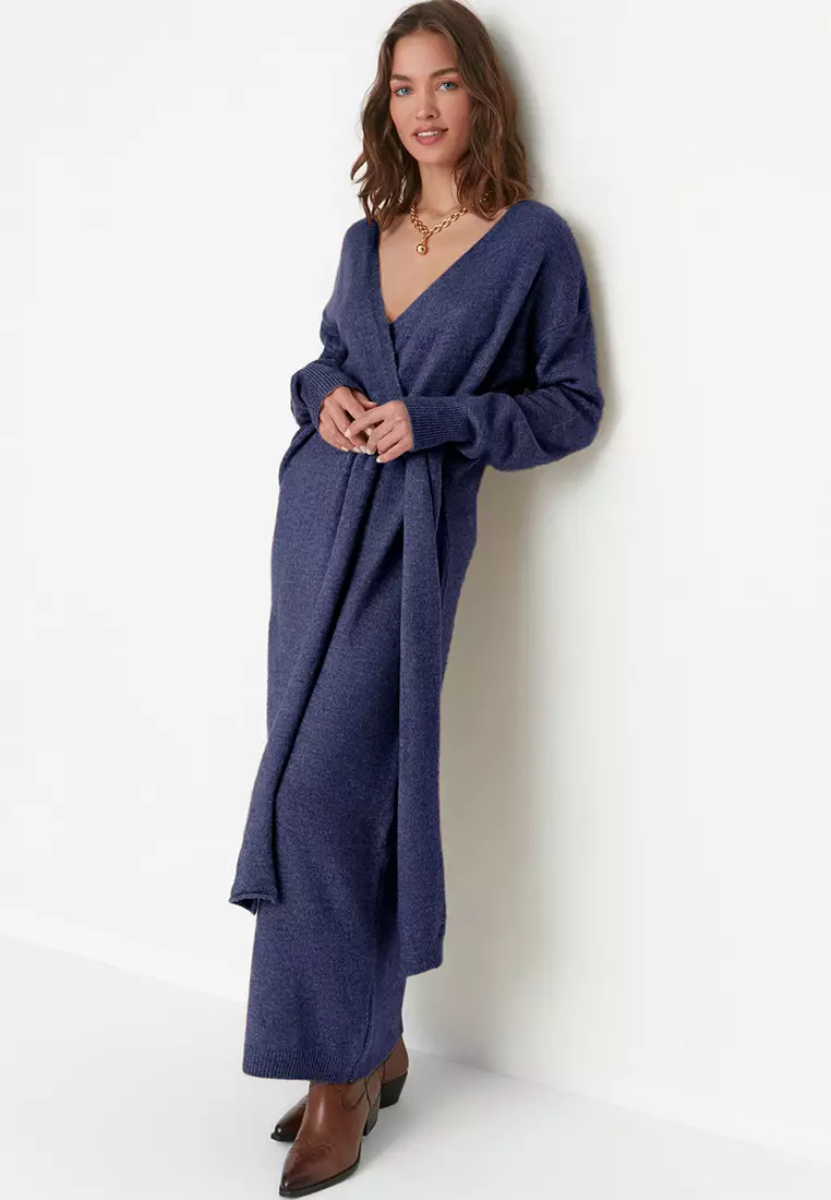 Navy Blue Soft Texture Midi Knitwear Double Breasted Collar Tie Up Dress