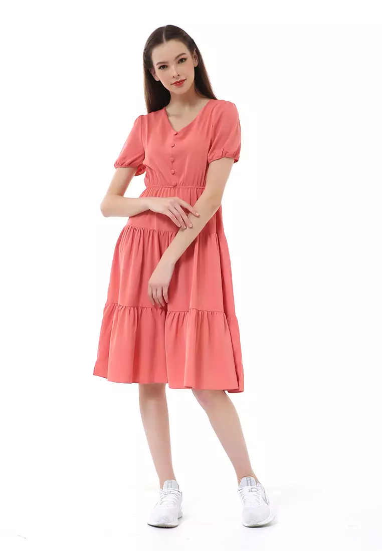 Rachel Ruffle Dress Wanita Lengan Pendek Motif Polos Material Ployester ORIGINAL - Orange
