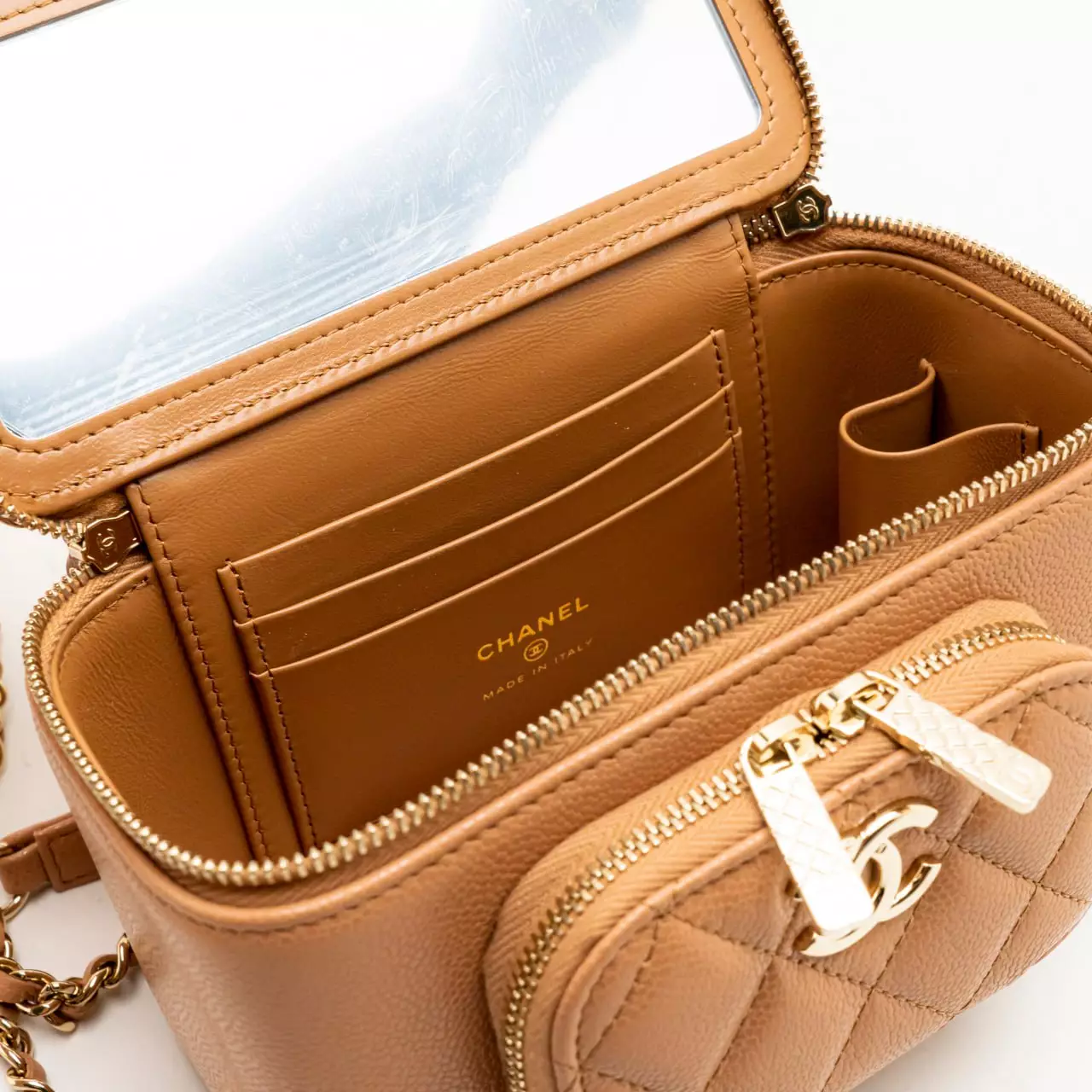 Vanity Clutch with Chain Caviar Caramel Ghw