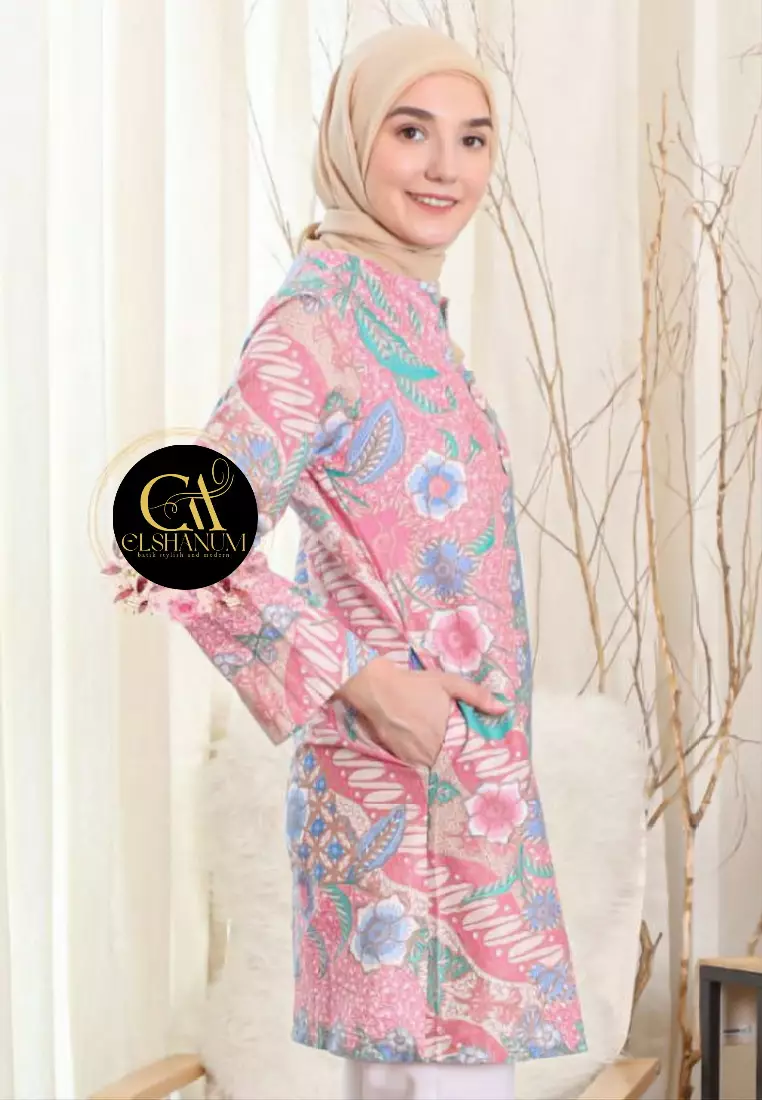 Faleesha Tunik Batik Wanita Casual Modern Lengan Panjang
