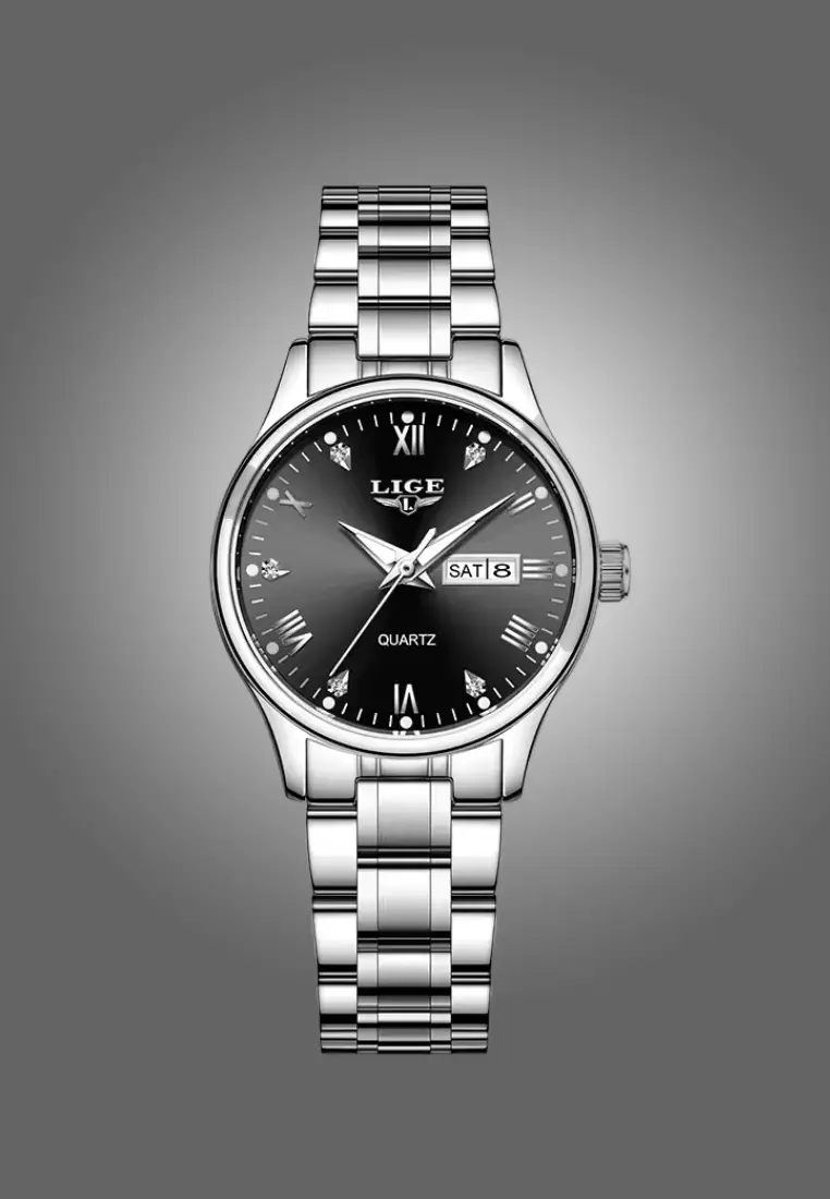 Ladies Day/Date Light Metal Alloy Quartz Watch, 29mm Diameter, Stainless Steel Bracelet