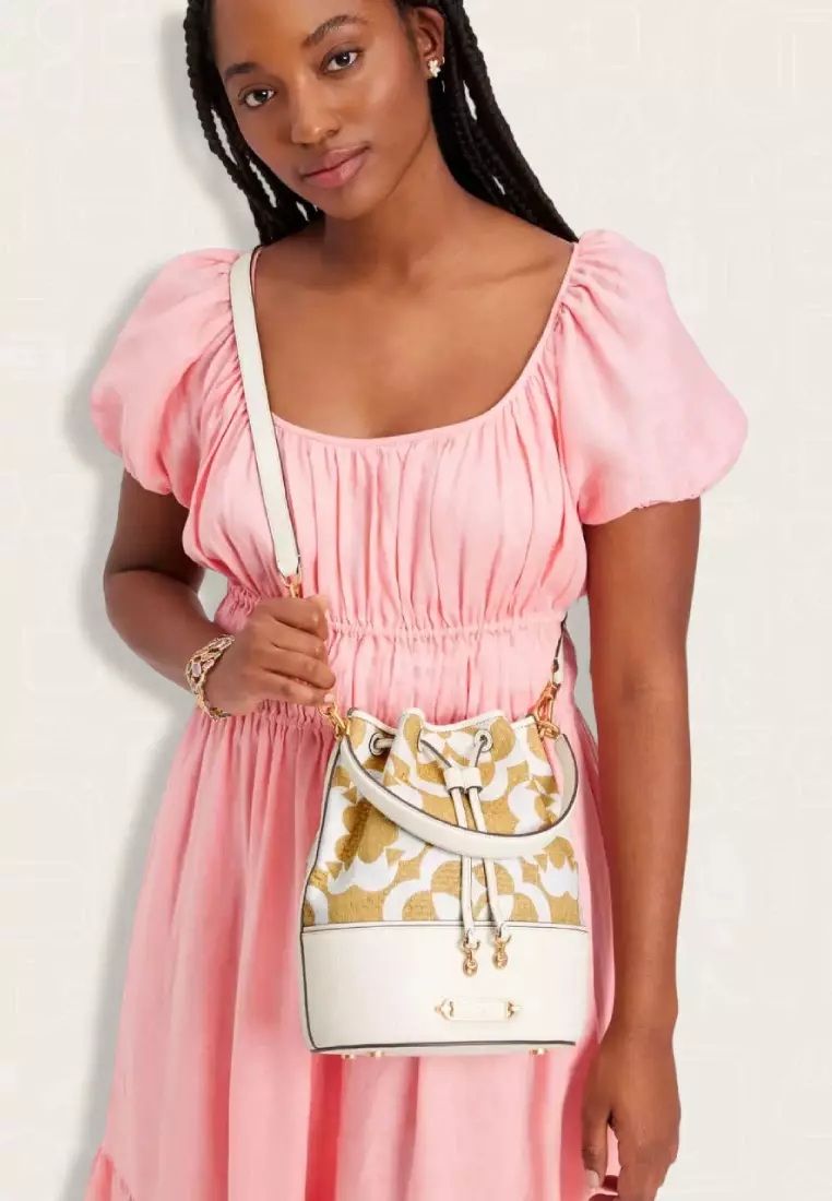 Kate Spade Spade Flower Monogram Raffia Gramercy Medium Bucket Bag Cream