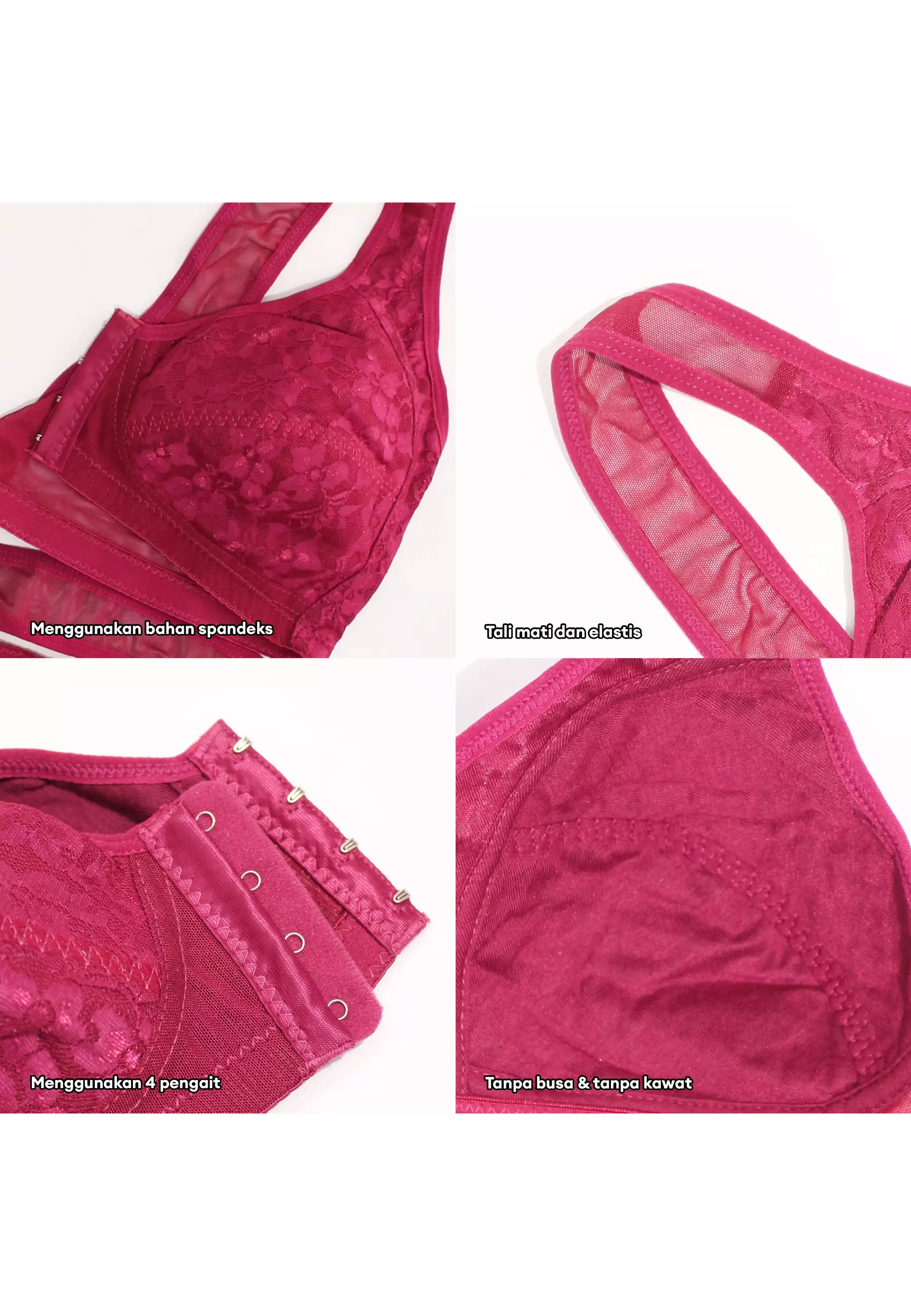 WIMIU BH Bra Wanita Kait Kancing Depan BH Tanpa Kawat Tanpa Busa Motif Bunga Brokat Wireless Bra 100218