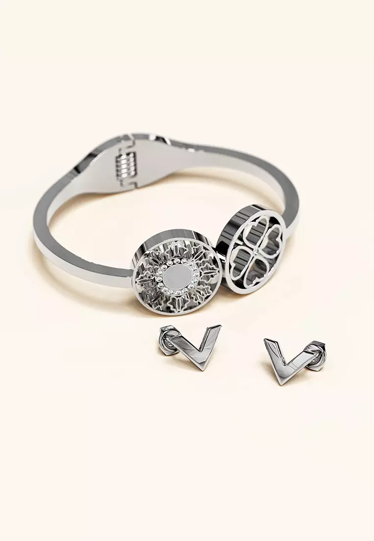 Artistic Floral Hinged Bangle-White Gold/Clear
