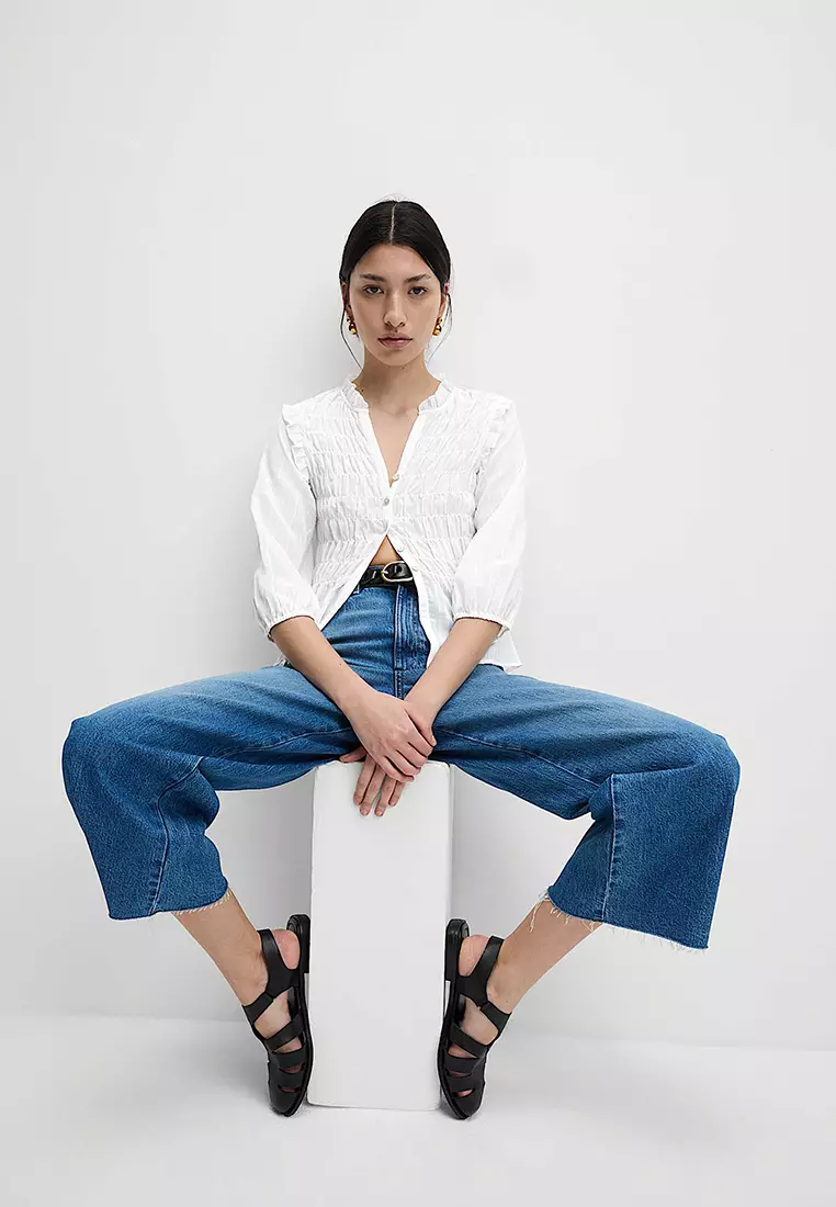 Shirred 3/4 Sleeve Button Through Blouse