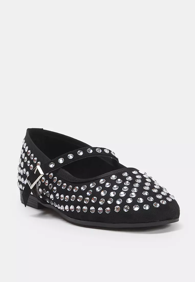 Black Stone Suede Almond Toe Mary Jane Women's Ballerina Flats Takss25Be00014
