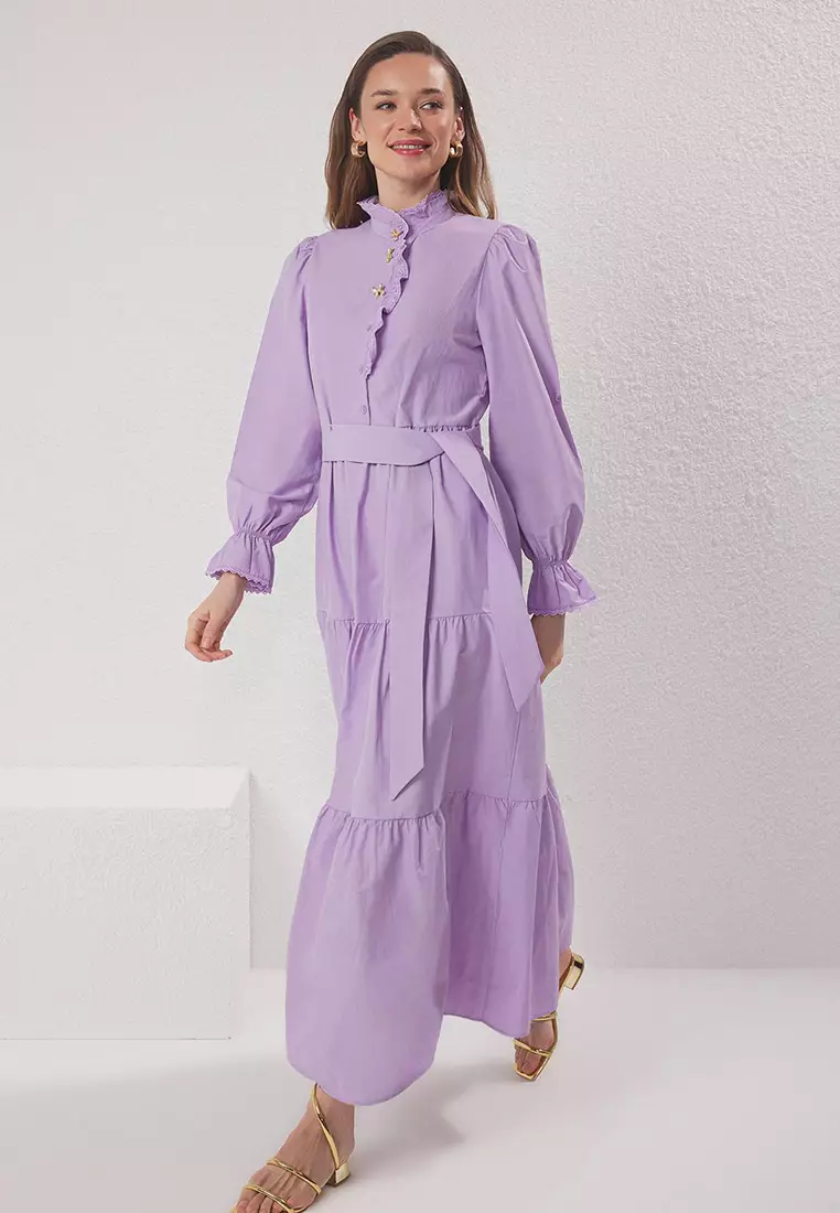 Lilac Gold Ribbon Bow Accessory Buttoned Cotton Woven Dress Tctss25Eb00100