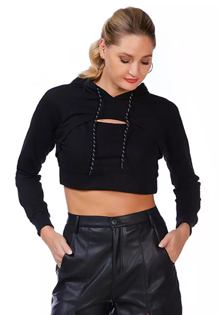 London Rag All Relaxed Front Slit Cropped Hoodie in Black 2024