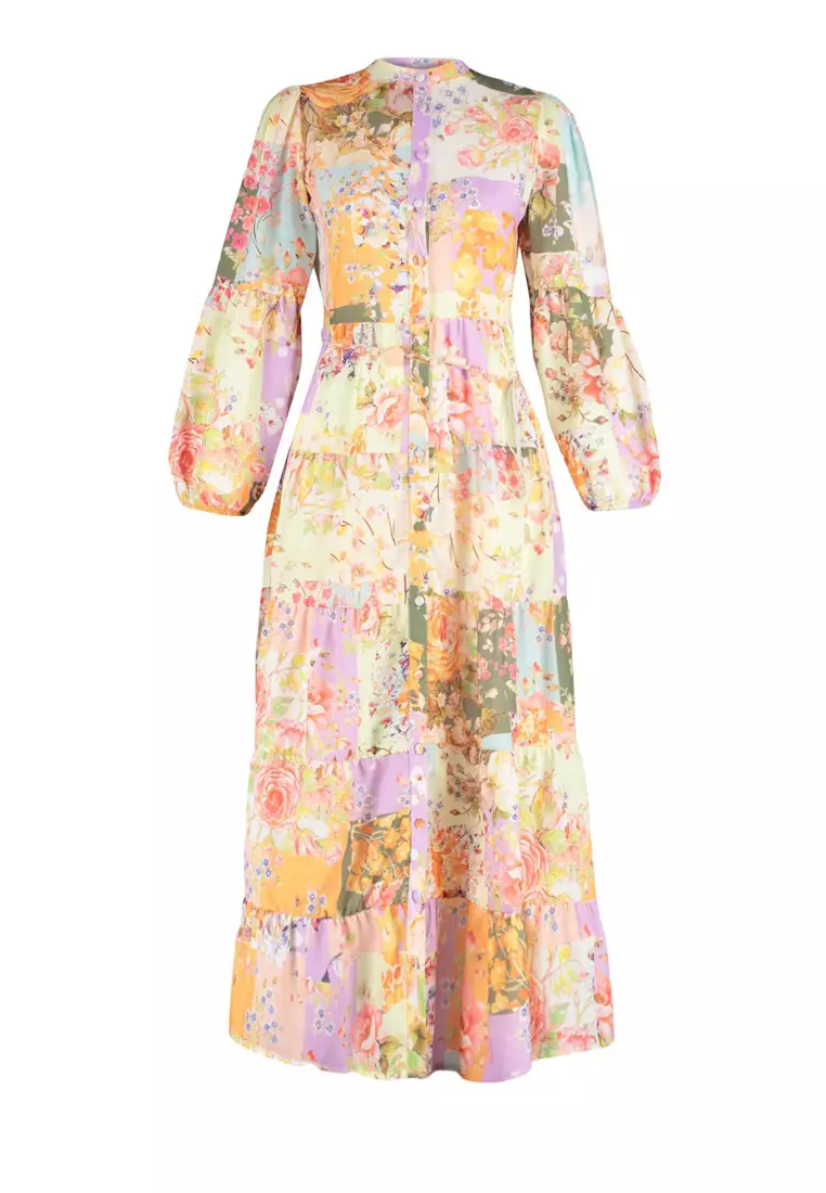 Multicolored Floral Patterned Linen Look Woven Dress with Belt Detail TCTSS24EB00042
