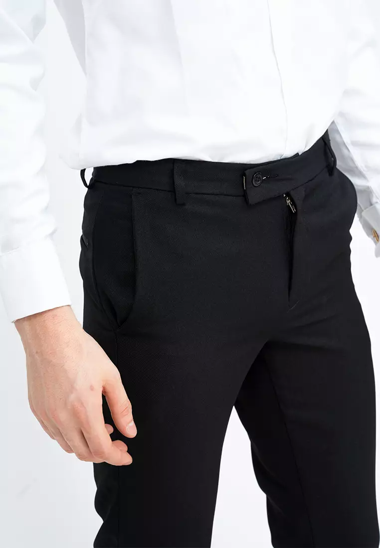 Celana panjang pria slim fit kerja formal button celana bahan stretch Hitam