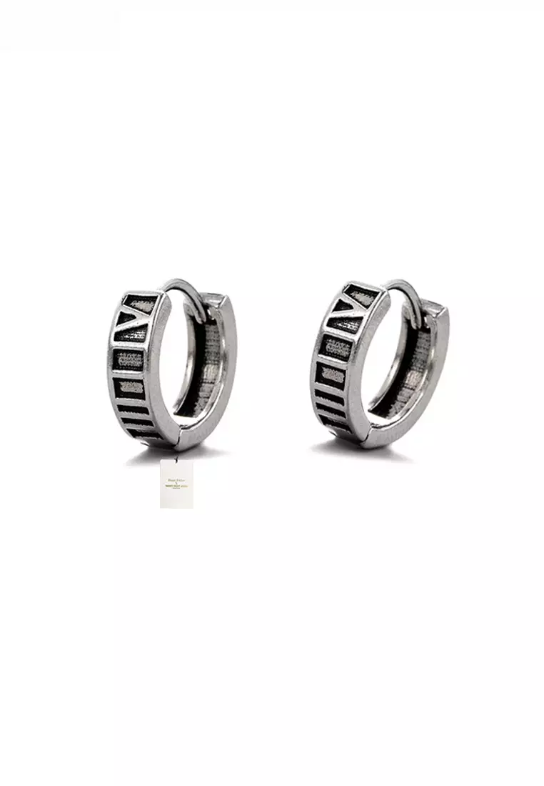 Unisex Titanium Steel Antique Style Roman Numerals Hoop Earrings JW HS-S97