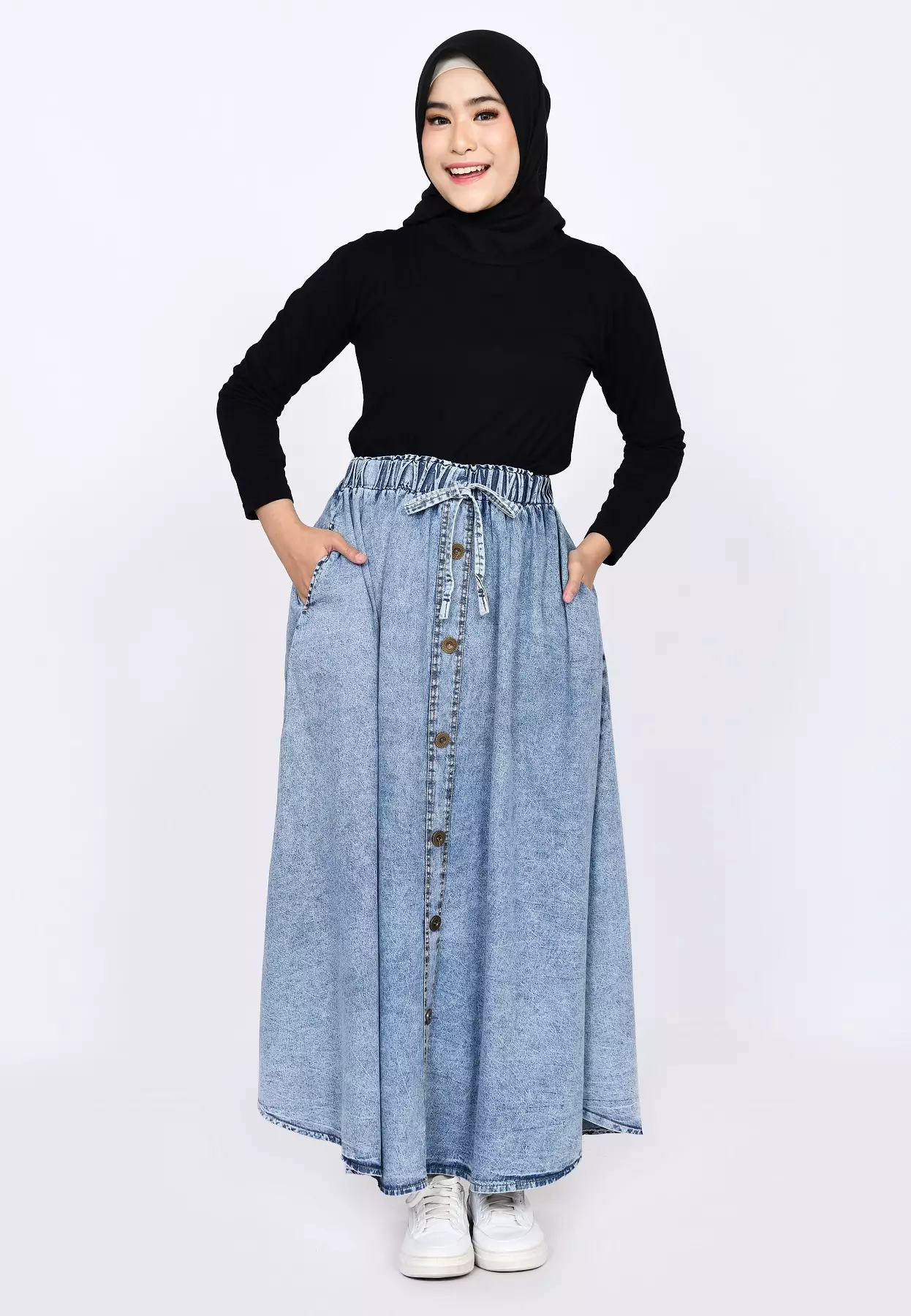 Long Skirt Denim Flare W/ Button