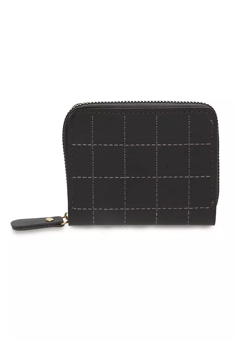 Dompet Zip Motif Kotak-Kotak Design Casual Small Wallet Premium Quality - Abu