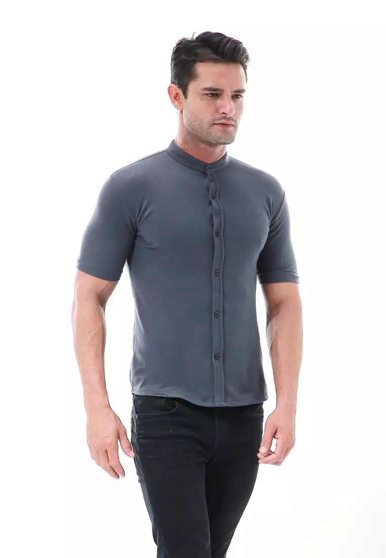 Leopold Atasan Pria Kemeja Kasual Slim Fit Lengan Pendek Motif Polos Material Cotton ORIGINAL - Gray