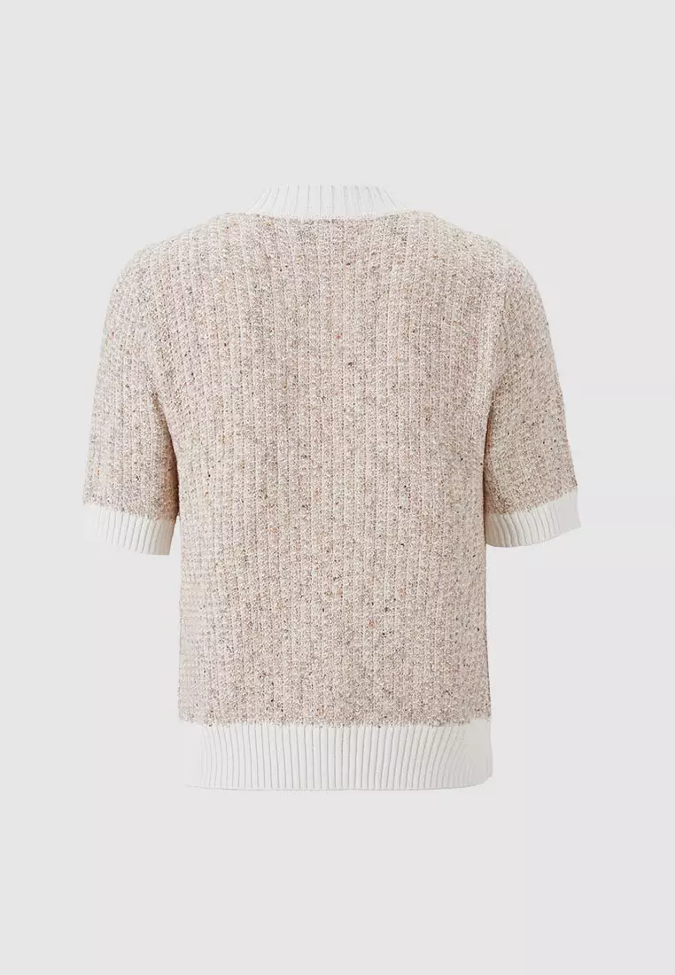 Short Sleeve Tweed Knit Cardigan With Pocket Detail