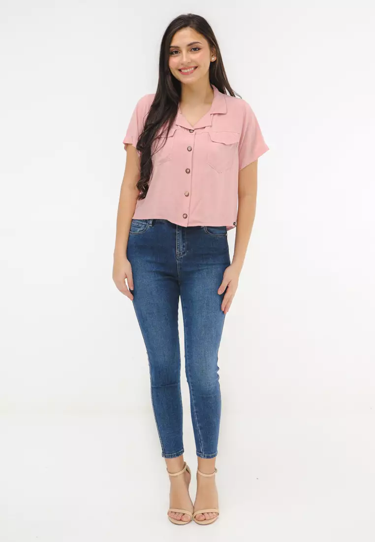 Woven Plain Rayon Short Sleeves Blouse