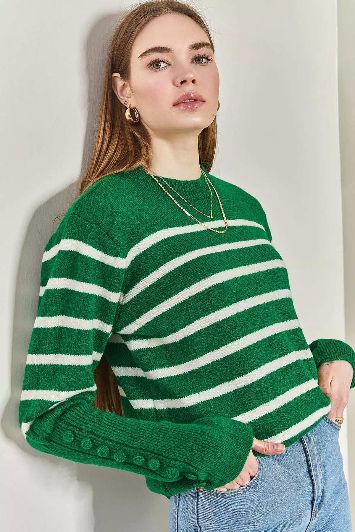 Women's Striped Knitwear Sweater With Cufflinks