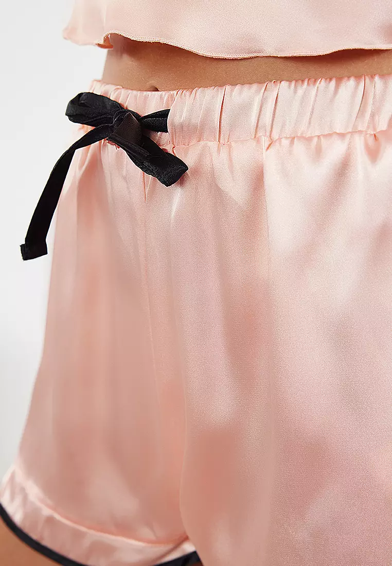 Salmon Piping And Ribbon/Bow/Tie Detail Woven Pajama Set With Satin Shorts