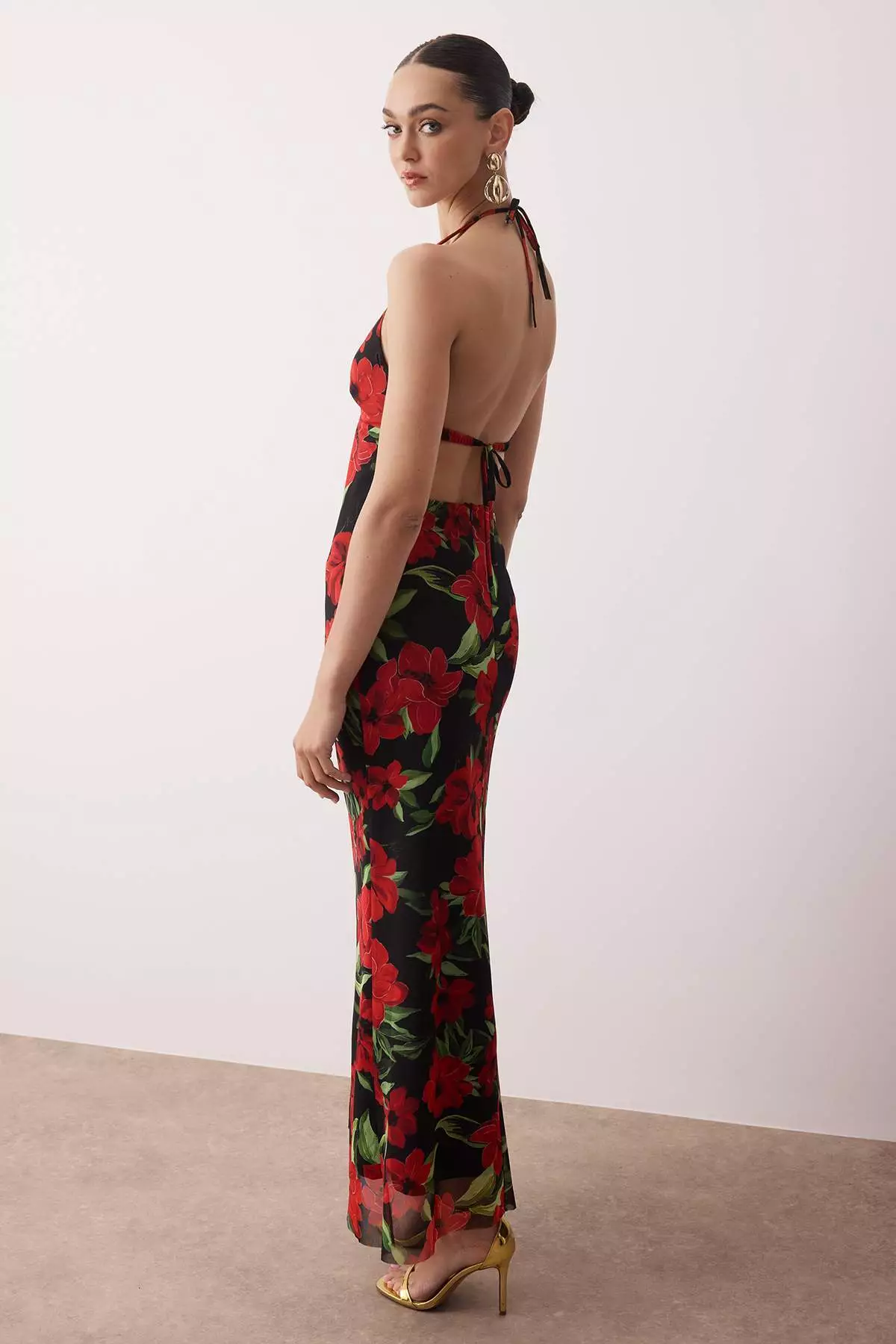 Red Multicolor Lined Tulle Evening Dress