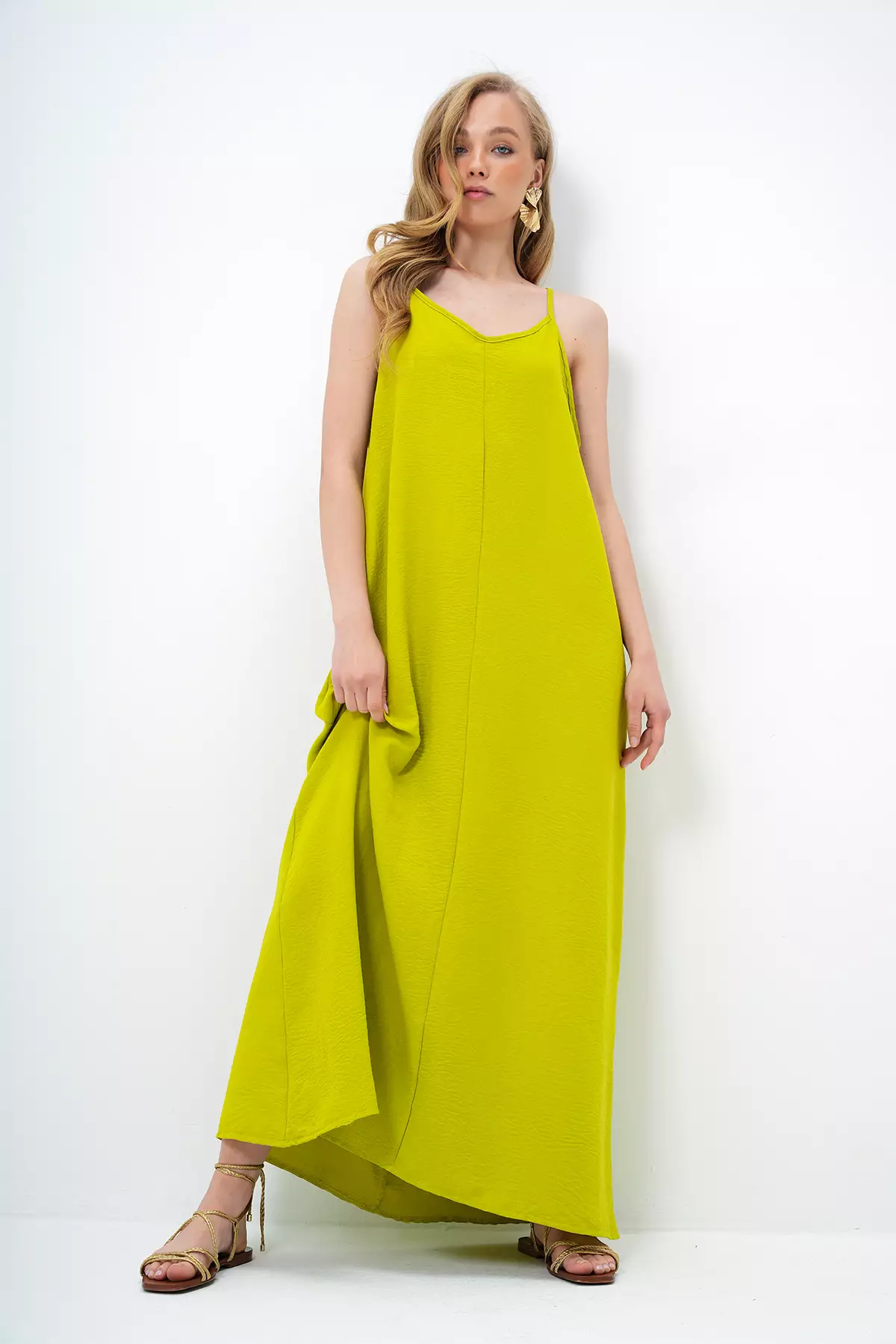 Women's Oil Green Adjustable Strap V-Neck Aerobin Summer Dress Alc-X14067