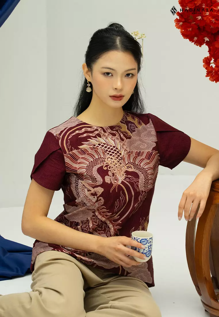 Hadinata Batik Premium Blouse Batik Wanita Lengan Pendek Superfine Bhawana Maroon