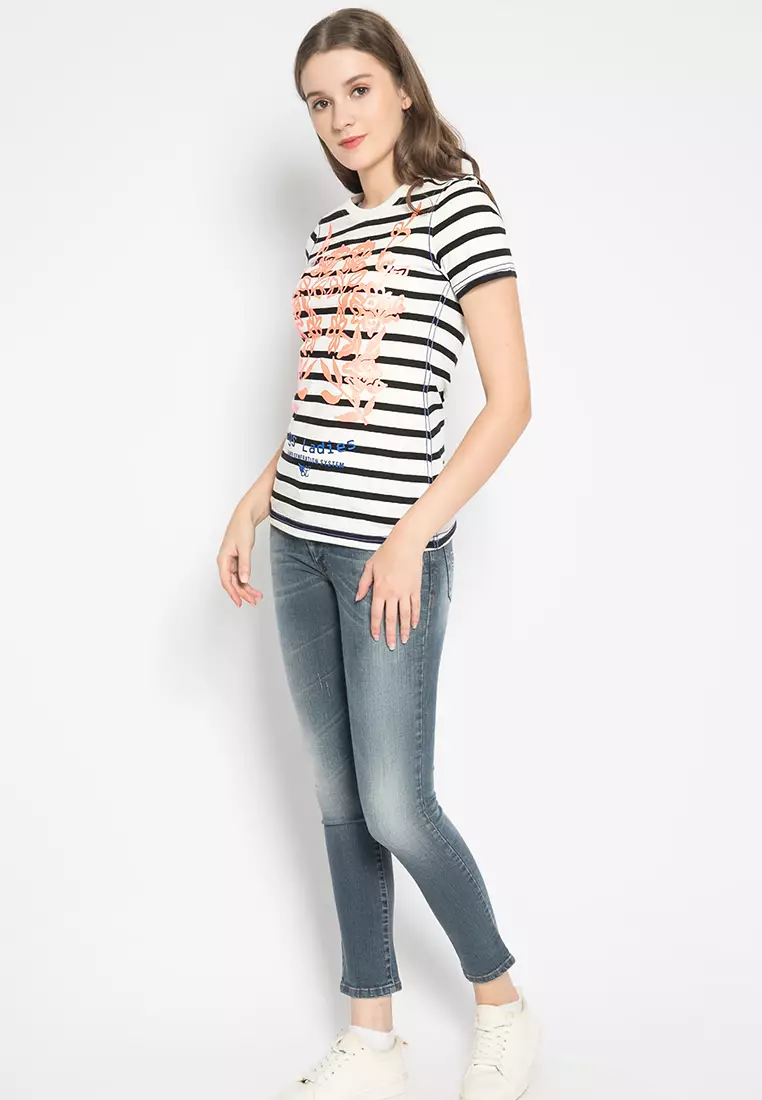 LGS - Kaos Casual Wanita - Lengan Pendek - Motif Salur Gambar Sablon -LTS.520.T970.126.C
