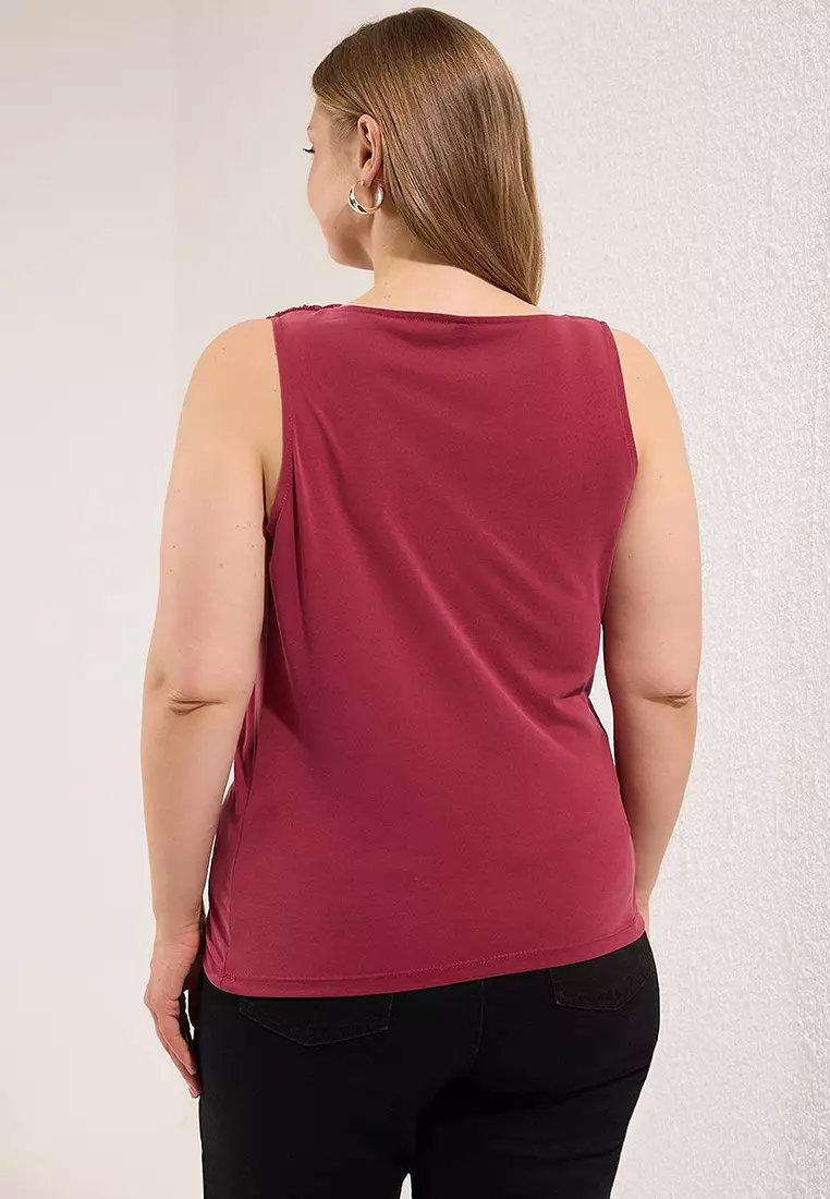 Burgundy More Sustainable Modal Content Drape Detailed Degaje Collar Knitted Large Size Blouse Tbbss25Af00114