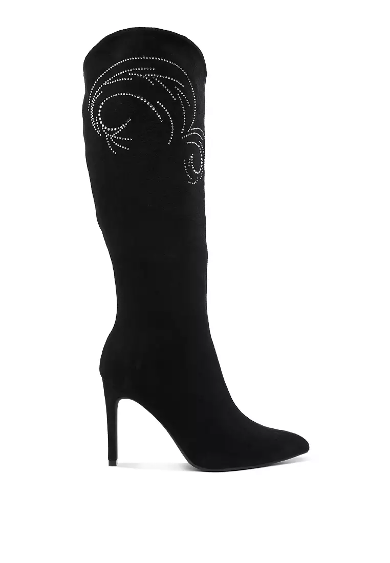 Discount on London Rag  shoes - SKU: Rhinestone Patterned Calf Boots in Black
