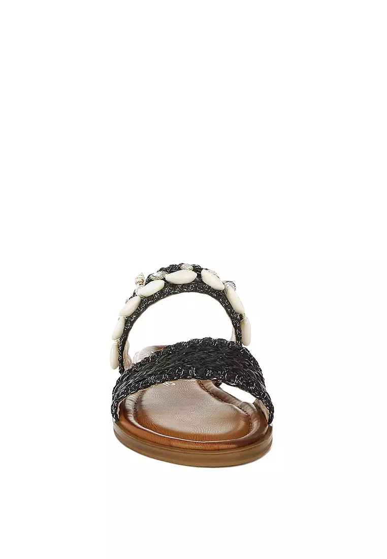 Sandal Slip-On Shell & Diamante dalam Warna Hitam