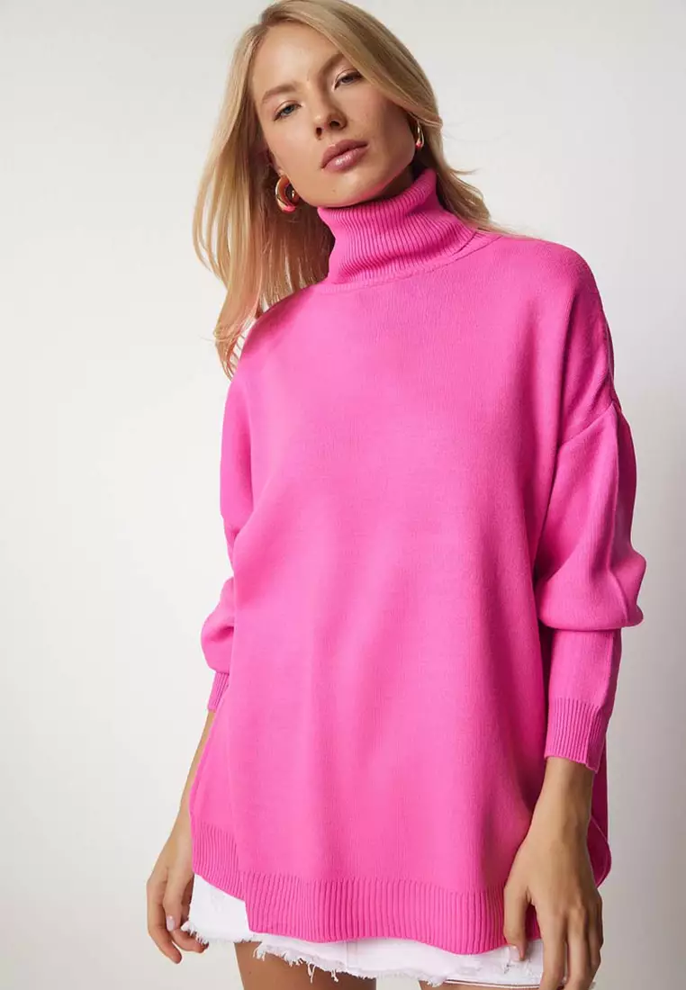 Pink Fine Knit Polo Neck Pink Jumper Oversized Fine Knit Jumper