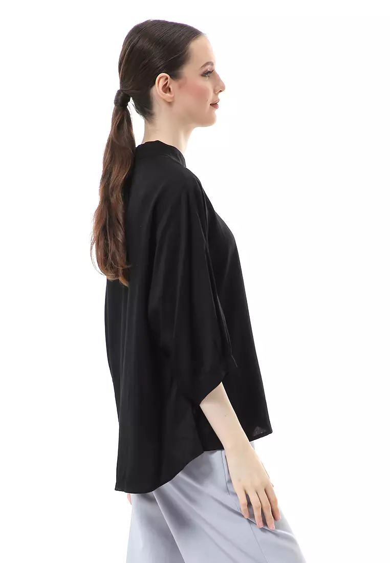 Ghita Kemeja Atasan Wanita Motif Polos Long Sleeve High Quality - Hitam