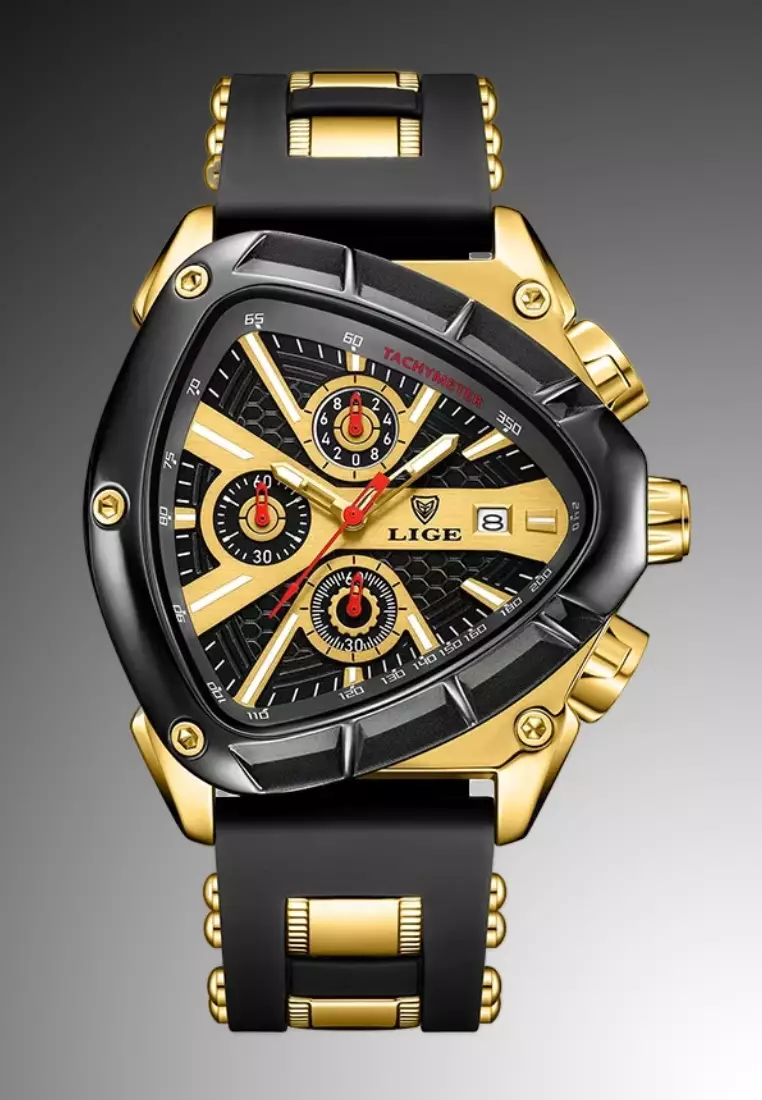 Unisex IP Gold & Black Stainless Steel Chronograph Quartz watch, 48mm diameter, with Rubber and Metal Strap